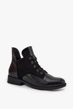New Lakierowane Botki Damskie Z Ozdobnym Tłoczeniem Ocieplane Vinceza 16477 Czarne Damskie Botki Ocieplane|Botki Sznurowane