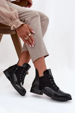 New Lakierowane Botki Damskie Z Ozdobnym Tłoczeniem Ocieplane Vinceza 16477 Czarne Damskie Botki Ocieplane|Botki Sznurowane