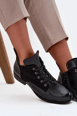 New Lakierowane Botki Damskie Z Ozdobnym Tłoczeniem Ocieplane Vinceza 16477 Czarne Damskie Botki Ocieplane|Botki Sznurowane