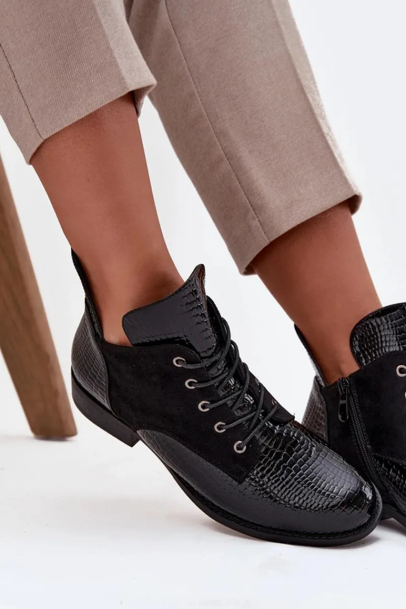 New Lakierowane Botki Damskie Z Ozdobnym Tłoczeniem Ocieplane Vinceza 16477 Czarne Damskie Botki Ocieplane|Botki Sznurowane