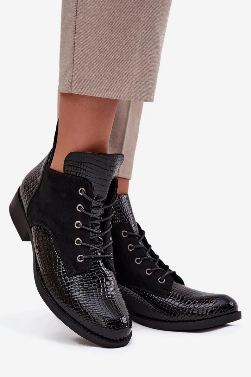 New Lakierowane Botki Damskie Z Ozdobnym Tłoczeniem Ocieplane Vinceza 16477 Czarne Damskie Botki Ocieplane|Botki Sznurowane