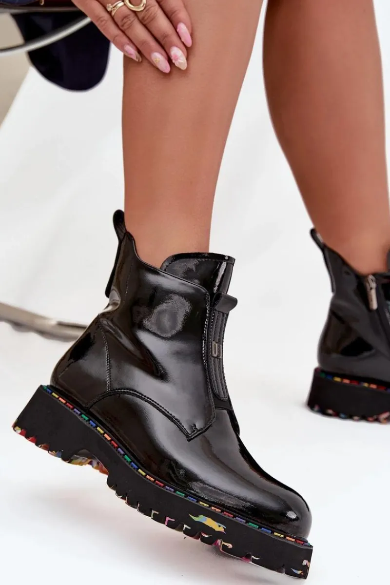 Discount Lakierowane Botki Damskie Z Naturalnej Skóry Ocieplane 57C0166 Czarne Damskie Botki Ocieplane|Botki Skórzane