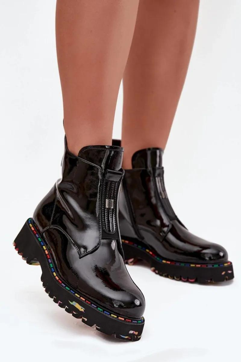 Discount Lakierowane Botki Damskie Z Naturalnej Skóry Ocieplane 57C0166 Czarne Damskie Botki Ocieplane|Botki Skórzane