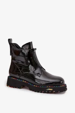 Discount Lakierowane Botki Damskie Z Naturalnej Skóry Ocieplane 57C0166 Czarne Damskie Botki Ocieplane|Botki Skórzane