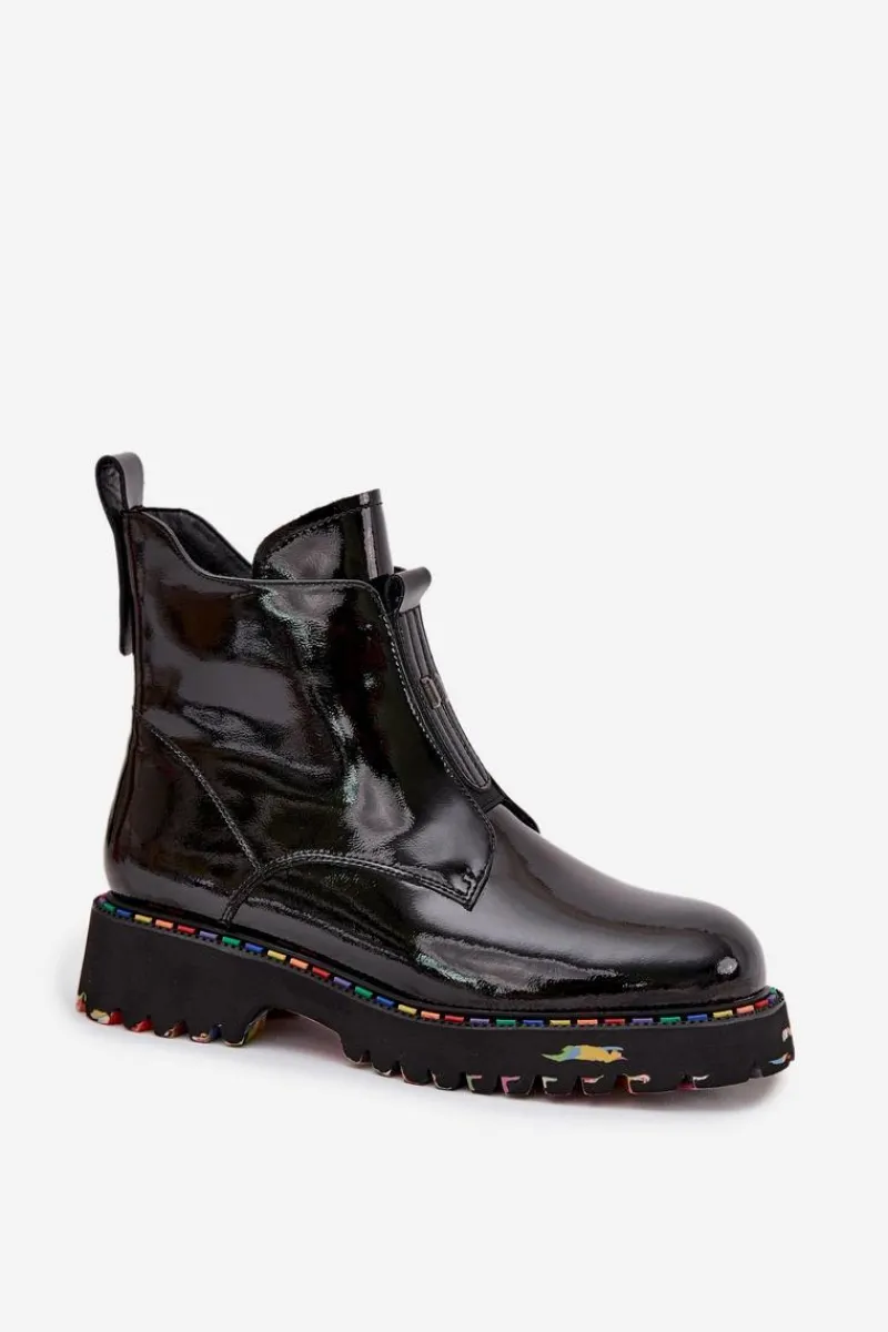 Discount Lakierowane Botki Damskie Z Naturalnej Skóry Ocieplane 57C0166 Czarne Damskie Botki Ocieplane|Botki Skórzane