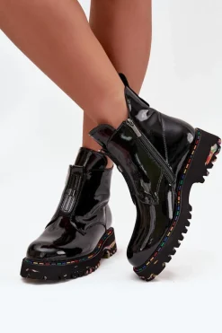 Discount Lakierowane Botki Damskie Z Naturalnej Skóry Ocieplane 57C0166 Czarne Damskie Botki Ocieplane|Botki Skórzane