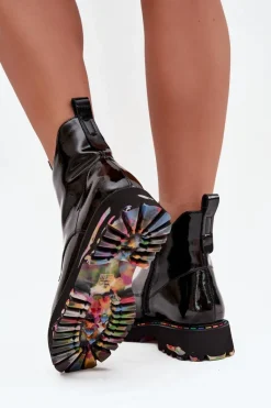 Discount Lakierowane Botki Damskie Z Naturalnej Skóry Ocieplane 57C0166 Czarne Damskie Botki Ocieplane|Botki Skórzane