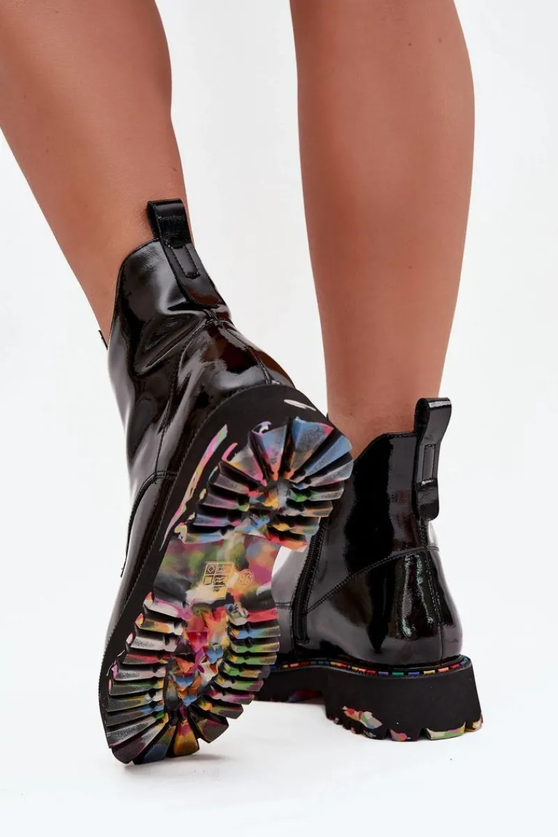 Discount Lakierowane Botki Damskie Z Naturalnej Skóry Ocieplane 57C0166 Czarne Damskie Botki Ocieplane|Botki Skórzane