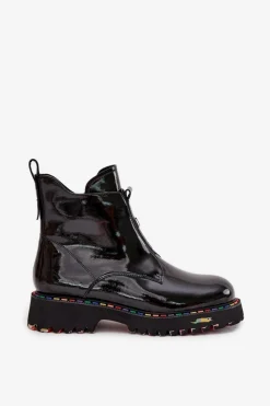 Discount Lakierowane Botki Damskie Z Naturalnej Skóry Ocieplane 57C0166 Czarne Damskie Botki Ocieplane|Botki Skórzane