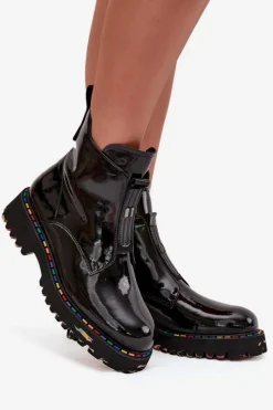 Discount Lakierowane Botki Damskie Z Naturalnej Skóry Ocieplane 57C0166 Czarne Damskie Botki Ocieplane|Botki Skórzane