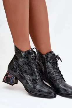 Clearance Artiker Lakierowane Botki Damskie Z Naturalnej Skóry Na Obcasie Z Kryształkami 57C0132 Szare Szary