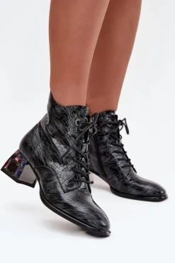 Clearance Artiker Lakierowane Botki Damskie Z Naturalnej Skóry Na Obcasie Z Kryształkami 57C0132 Szare Szary