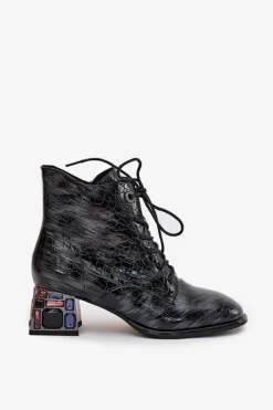 Clearance Artiker Lakierowane Botki Damskie Z Naturalnej Skóry Na Obcasie Z Kryształkami 57C0132 Szare Szary