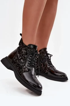 New Lakierowane Botki Damskie Ocieplane D&A CR52-613 Czarne Damskie Botki Ocieplane|Damskie Trapery