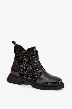 New Lakierowane Botki Damskie Ocieplane D&A CR52-613 Czarne Damskie Botki Ocieplane|Damskie Trapery