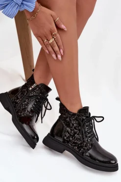 New Lakierowane Botki Damskie Ocieplane D&A CR52-613 Czarne Damskie Botki Ocieplane|Damskie Trapery