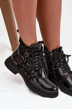 New Lakierowane Botki Damskie Ocieplane D&A CR52-613 Czarne Damskie Botki Ocieplane|Damskie Trapery