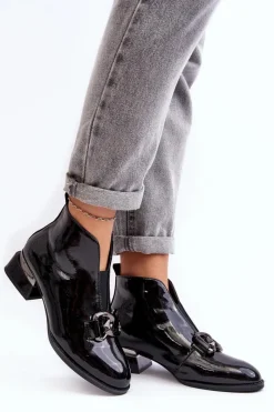 New Lakierowane Botki Damskie Na Niskim Obcasie Ocieplane Czarne Loos Damskie Czarne Botki|Botki Na Obcasie