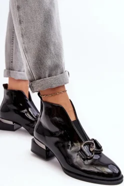 New Lakierowane Botki Damskie Na Niskim Obcasie Ocieplane Czarne Loos Damskie Czarne Botki|Botki Na Obcasie