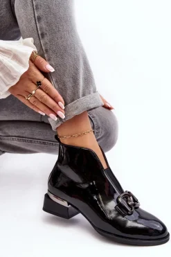 New Lakierowane Botki Damskie Na Niskim Obcasie Ocieplane Czarne Loos Damskie Czarne Botki|Botki Na Obcasie