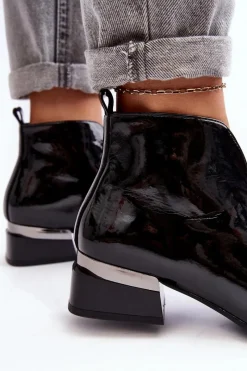 New Lakierowane Botki Damskie Na Niskim Obcasie Ocieplane Czarne Loos Damskie Czarne Botki|Botki Na Obcasie