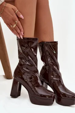 Discount Boto Lakierowane Botki Damskie Na Platformie I Słupkowym Obcasie Czekoladowe Calvessa Brązowy