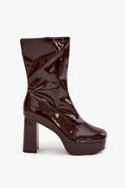 Discount Boto Lakierowane Botki Damskie Na Platformie I Słupkowym Obcasie Czekoladowe Calvessa Brązowy