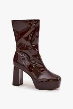 Discount Boto Lakierowane Botki Damskie Na Platformie I Słupkowym Obcasie Czekoladowe Calvessa Brązowy