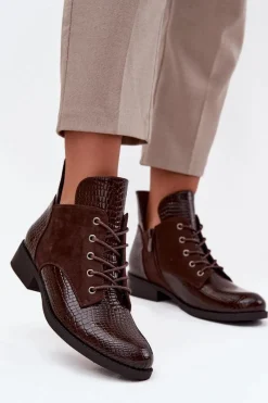 Buty damskie Vinceza Lakierowane Botki Damskie Z Ozdobnym Tłoczeniem Ocieplane Vinceza 16477 Brązowe