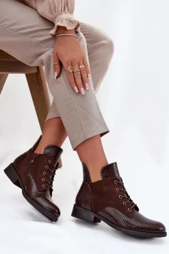 Buty damskie Vinceza Lakierowane Botki Damskie Z Ozdobnym Tłoczeniem Ocieplane Vinceza 16477 Brązowe