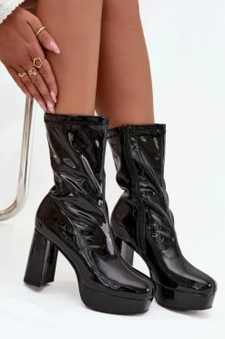 Best Lakierowane Botki Damskie Na Platformie I Słupkowym Obcasie Czarne Calvessa Damskie Botki Ocieplane|Botki Na Słupku