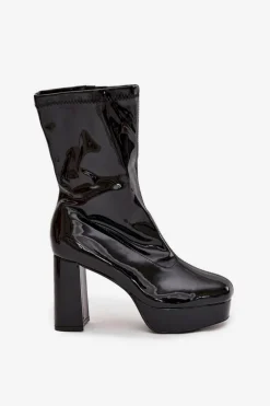Best Lakierowane Botki Damskie Na Platformie I Słupkowym Obcasie Czarne Calvessa Damskie Botki Ocieplane|Botki Na Słupku