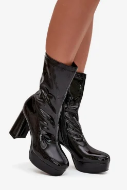 Best Lakierowane Botki Damskie Na Platformie I Słupkowym Obcasie Czarne Calvessa Damskie Botki Ocieplane|Botki Na Słupku