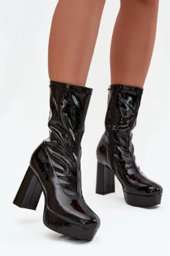 Best Lakierowane Botki Damskie Na Platformie I Słupkowym Obcasie Czarne Calvessa Damskie Botki Ocieplane|Botki Na Słupku