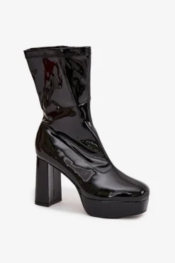 Best Lakierowane Botki Damskie Na Platformie I Słupkowym Obcasie Czarne Calvessa Damskie Botki Ocieplane|Botki Na Słupku