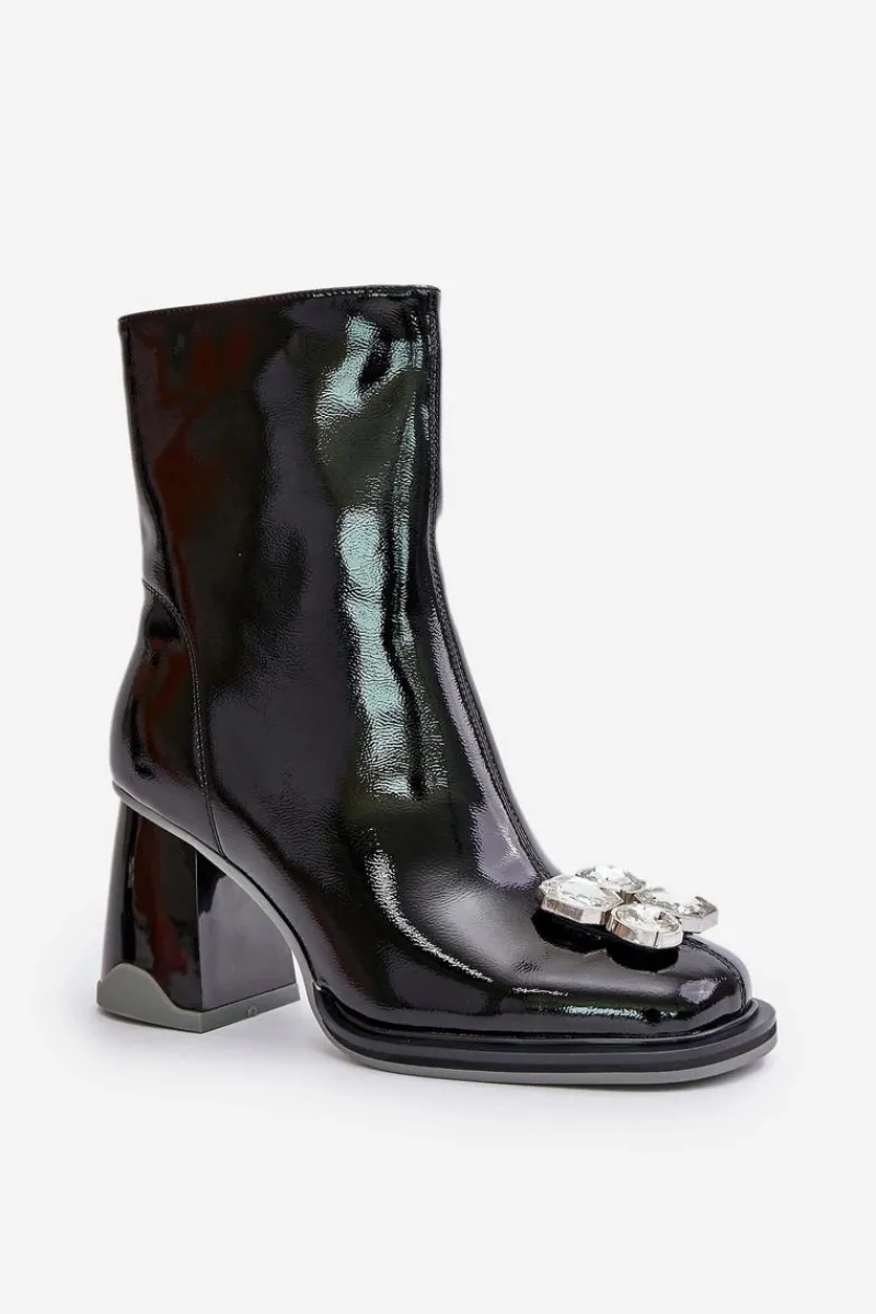 Outlet Lakierowane Botki Damskie Na Słupku Z Ozdobą D&A MR880-019 Czarne Damskie Botki Ocieplane|Botki Na Obcasie