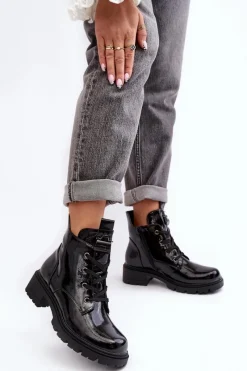 Botki Sznurowane|Czarne Botki>Damskie buty S.Barski Lakierowane Botki Damskie Na Suwak S.Barski HY93-91 Czarne