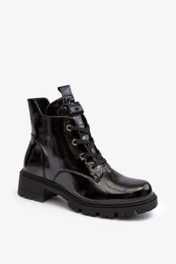 Botki Sznurowane|Czarne Botki>Damskie buty S.Barski Lakierowane Botki Damskie Na Suwak S.Barski HY93-91 Czarne