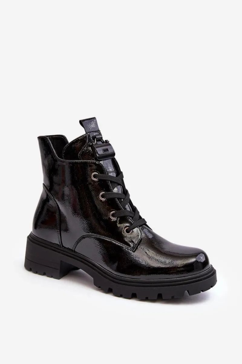Botki Sznurowane|Czarne Botki>Damskie buty S.Barski Lakierowane Botki Damskie Na Suwak S.Barski HY93-91 Czarne