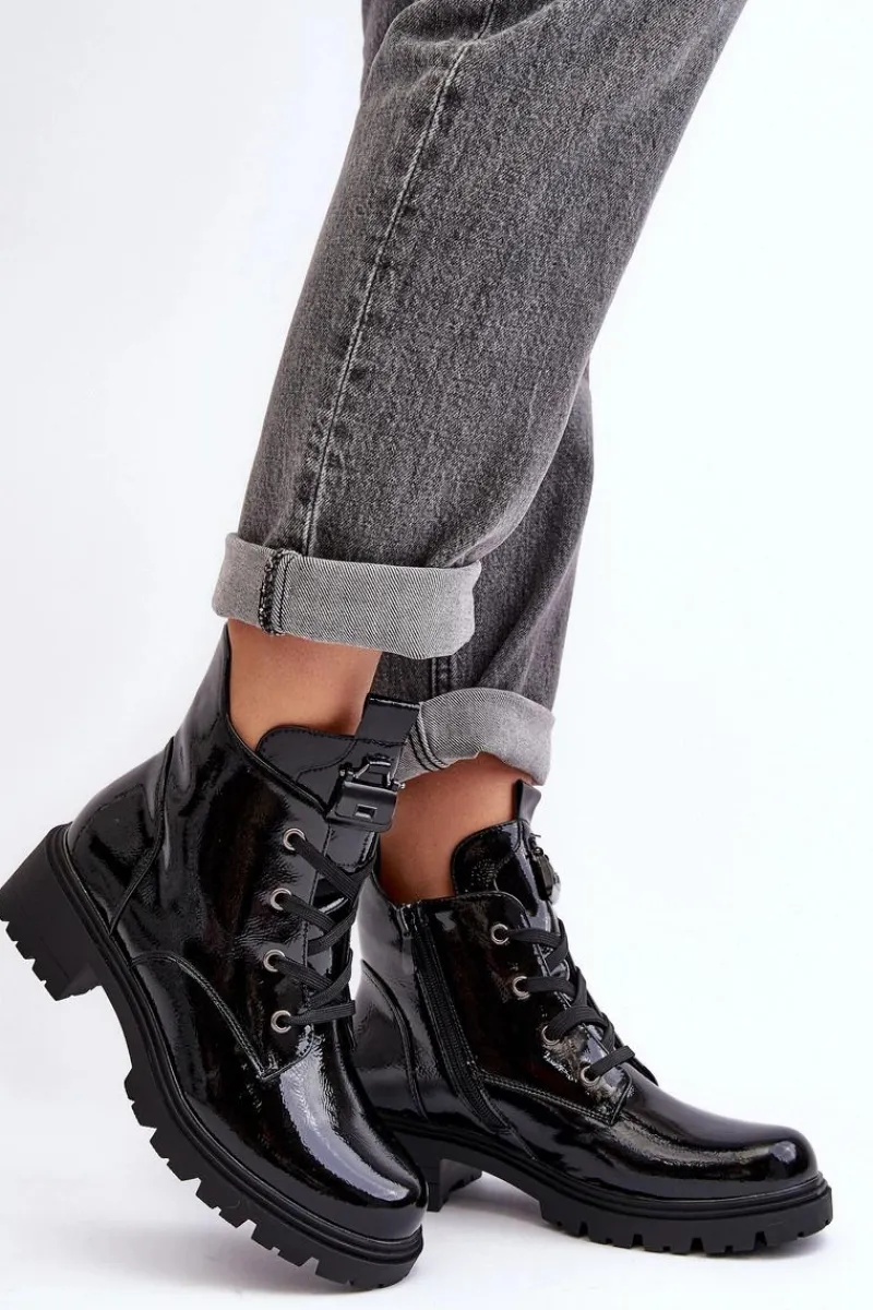 Botki Sznurowane|Czarne Botki>Damskie buty S.Barski Lakierowane Botki Damskie Na Suwak S.Barski HY93-91 Czarne