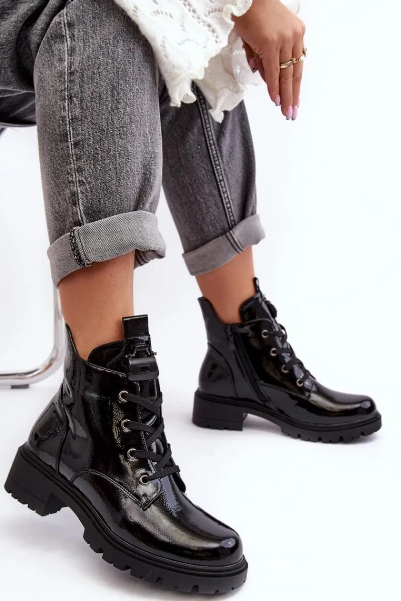 Botki Sznurowane|Czarne Botki>Damskie buty S.Barski Lakierowane Botki Damskie Na Suwak S.Barski HY93-91 Czarne