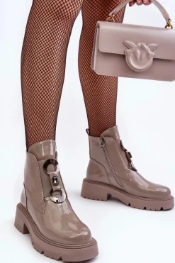 Lakierowane Botki Damskie Z Ozdobą Beżowe S.Barski MR870-53 Damskie Brązowe I Beżowe Botki|Botki Płaskie