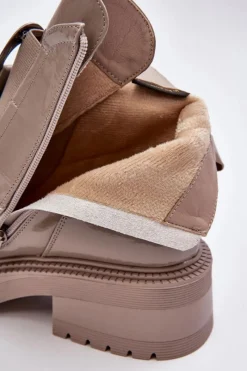 Lakierowane Botki Damskie Z Ozdobą Beżowe S.Barski MR870-53 Damskie Brązowe I Beżowe Botki|Botki Płaskie