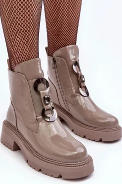 Lakierowane Botki Damskie Z Ozdobą Beżowe S.Barski MR870-53 Damskie Brązowe I Beżowe Botki|Botki Płaskie