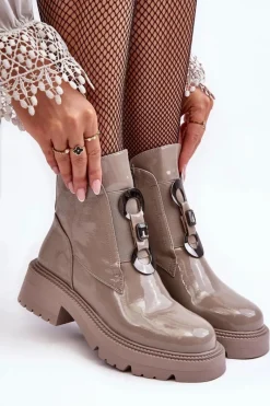 Lakierowane Botki Damskie Z Ozdobą Beżowe S.Barski MR870-53 Damskie Brązowe I Beżowe Botki|Botki Płaskie