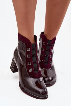 Sale D&A Lakierowane Botki Damskie Z Naturalnej Skóry Na Słupku CR52-696 Bordowe Czerwony