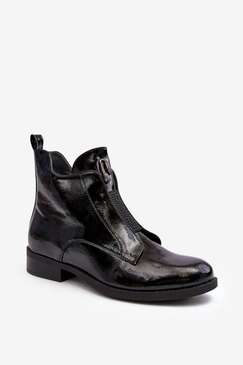 Outlet Lakierowane Botki Damskie Na Płaskim Obcasie Ocieplane Czarne S.Barski HY75-120 Czarne Damskie Czarne Botki|Botki Płaskie