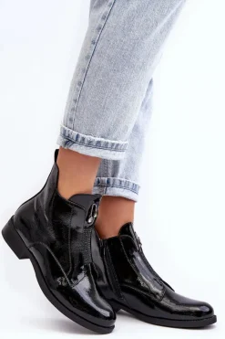 Outlet Lakierowane Botki Damskie Na Płaskim Obcasie Ocieplane Czarne S.Barski HY75-120 Czarne Damskie Czarne Botki|Botki Płaskie