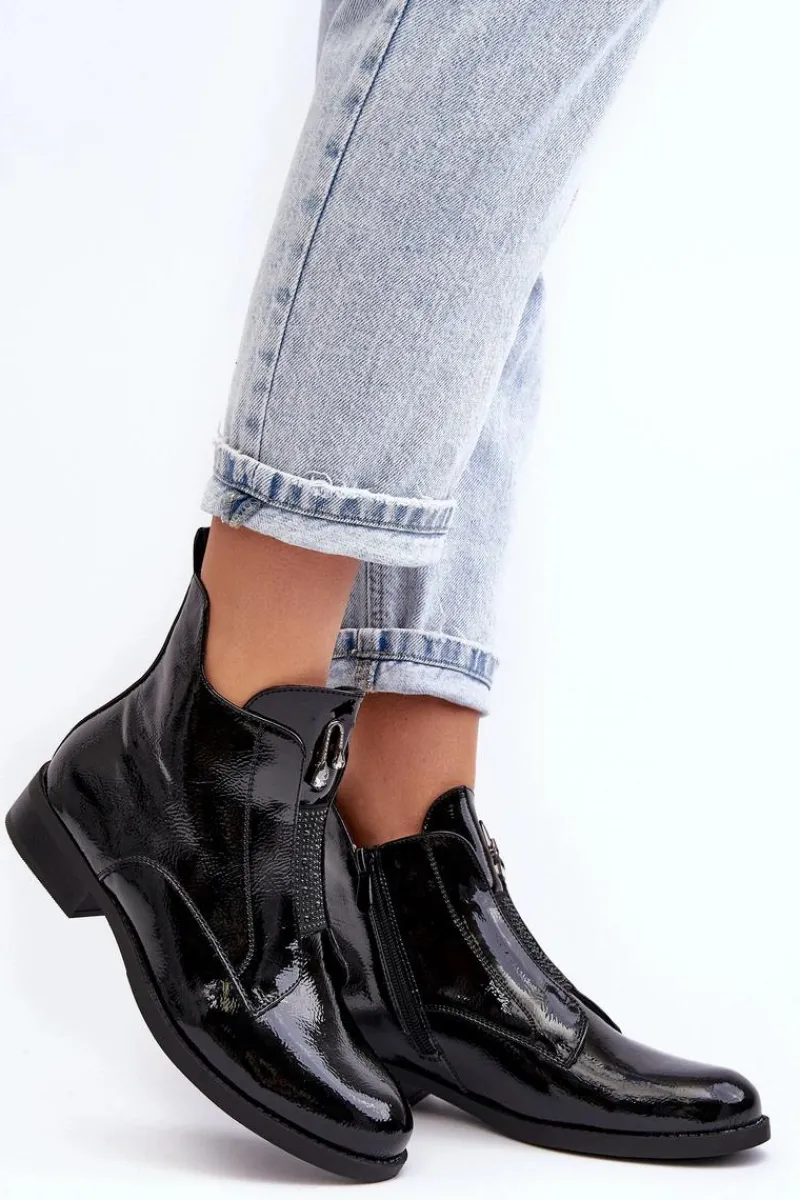 Outlet Lakierowane Botki Damskie Na Płaskim Obcasie Ocieplane Czarne S.Barski HY75-120 Czarne Damskie Czarne Botki|Botki Płaskie