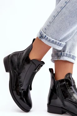 Outlet Lakierowane Botki Damskie Na Płaskim Obcasie Ocieplane Czarne S.Barski HY75-120 Czarne Damskie Czarne Botki|Botki Płaskie